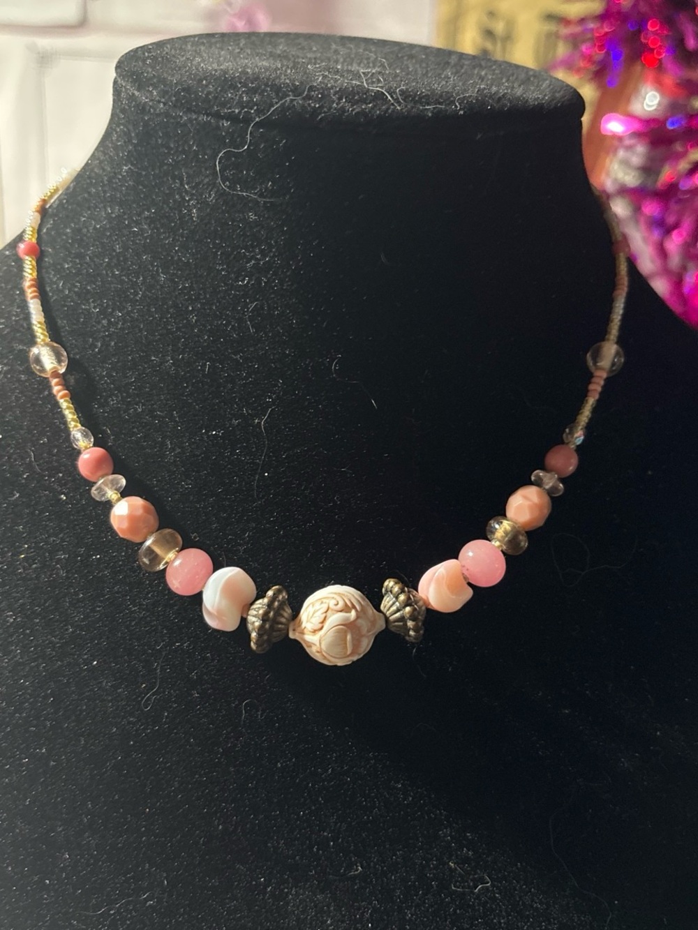 Handcrafted Pink Carved Bead Necklace by